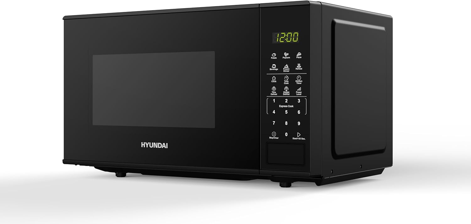 Hyundai 800W 20L Black Digital Microwave, Stainless Steel Interior, 11 Power Levels, Automatic Defrost, 6 Auto Cook Modes, Clock and Timer, Digital Controls, Easy Clean & Child Lock