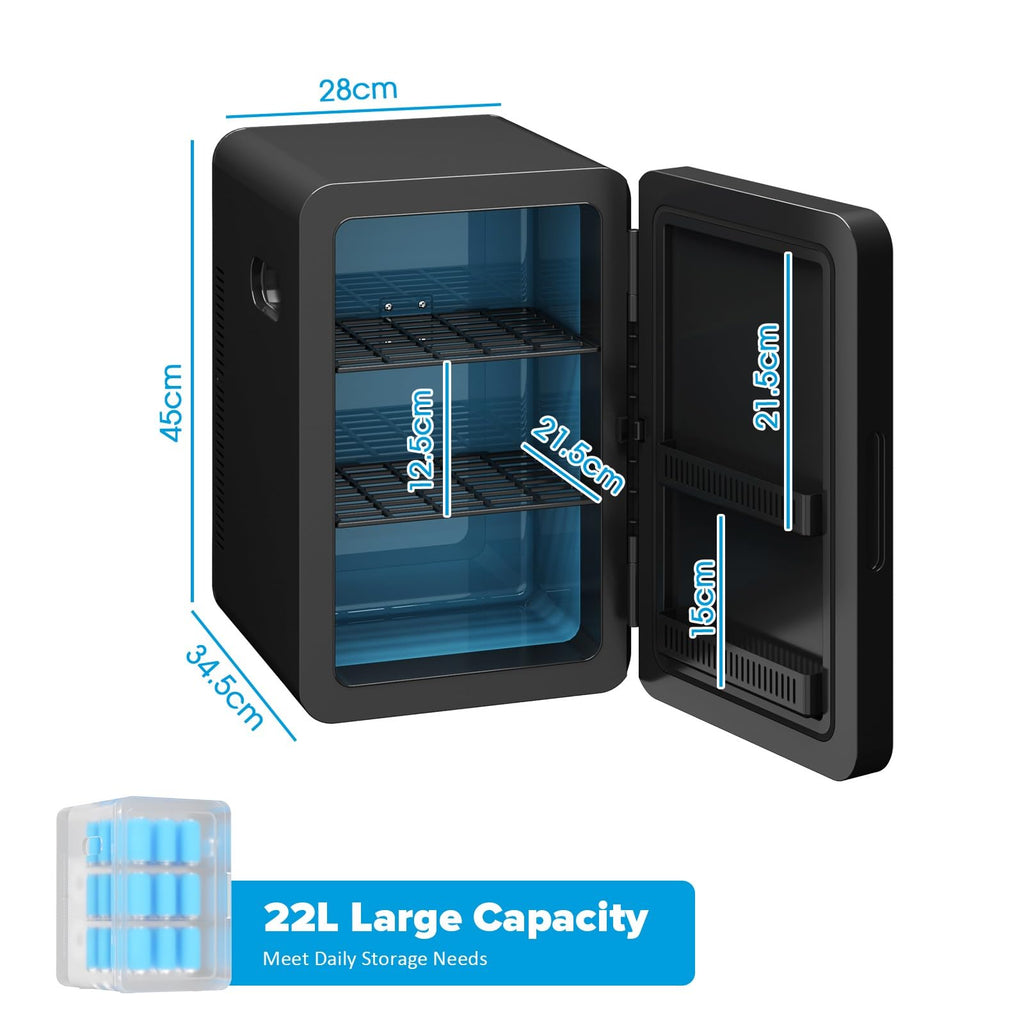 MoraRise Mini Fridge 22L/30 Cans Portable Cooler & Warmer Mini Fridge for Bedrooms with Adjustable Shelves, AC+12V DC Small Fridges for Office, Car, Travel,Home, Skincare, Drinks & Cosmetics (Black)