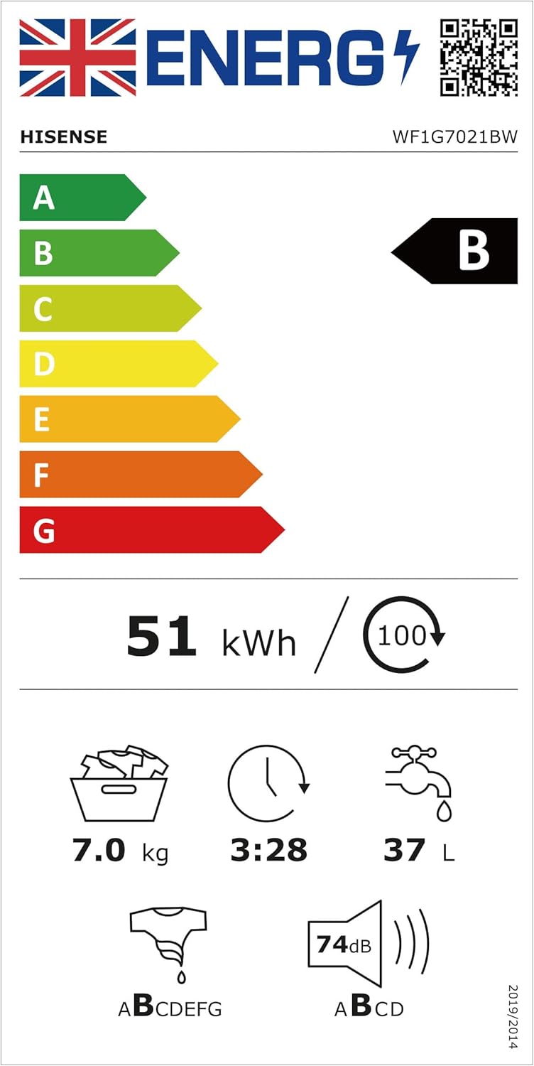 Hisense WF1G7021BW Freestanding 7 KG-Front Load Durable Inverter Washing Machine, Steam Wash-Quick Wash-15 Washing Programs-1200 RPM-White-Energy Rating B [Energy Class B]