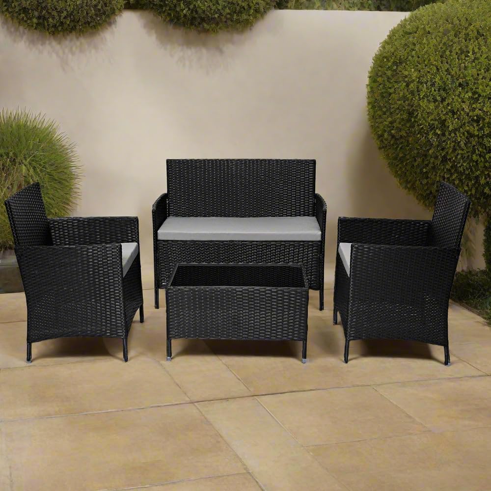 EVRE Black Rattan Garden Furniture Set Patio Conservatory Balcony Indoor Outdoor 4 Seater Piece Glass Top Coffee Table Modular Sofa Loveseat with Cushions
