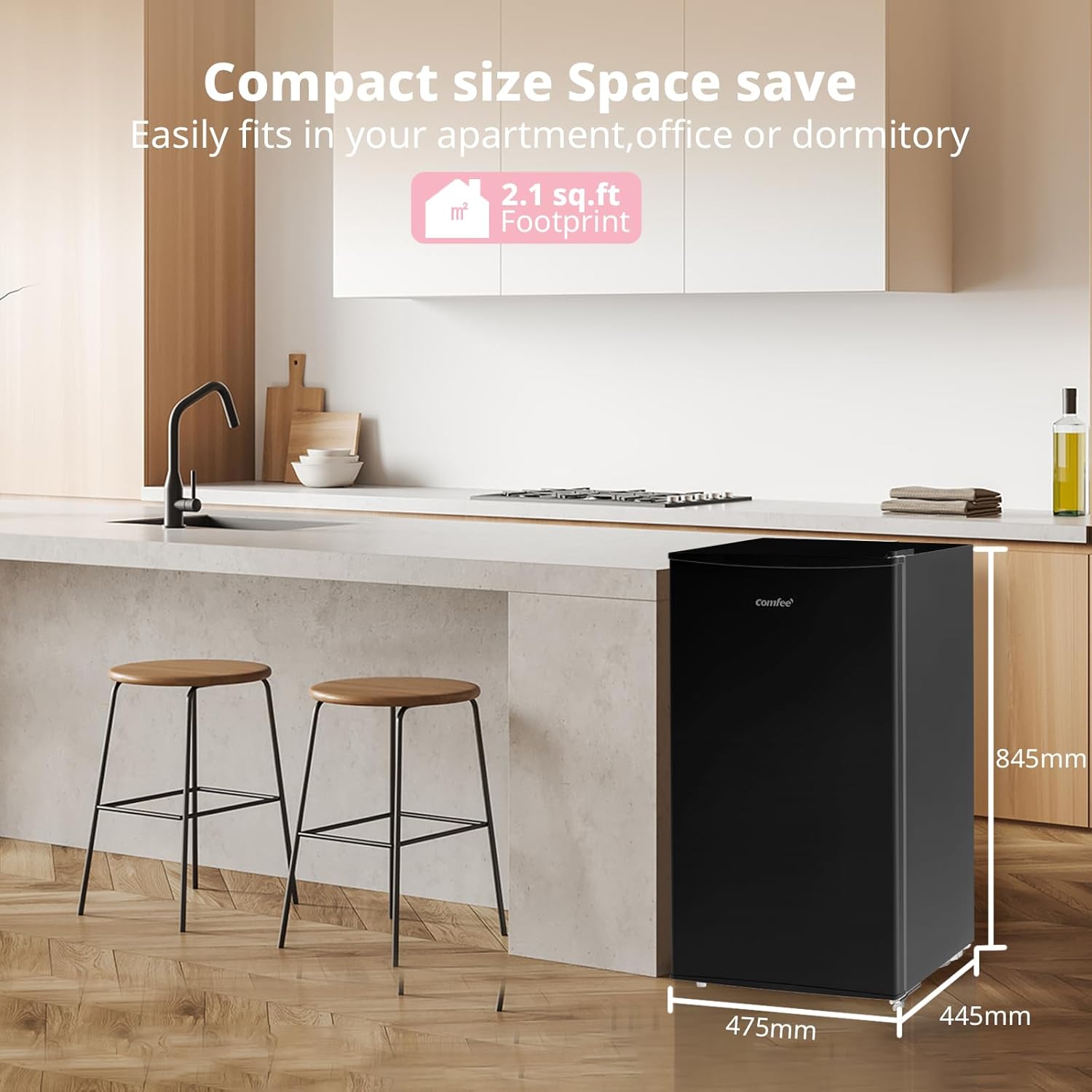 COMFEE' RCU60BL2UK(E) 60 Litre Freestanding Under Counter, 48cm Upright Freezer Adjustable Thermostat, Reversible Door, 4 Star Freezer Rating Drawer, Black [Energy Class E]