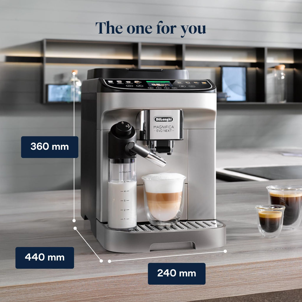 De’Longhi Magnifica Evo Next - Perfetto Automatic Coffee Machine with LatteCrema Automatic Milk Frothing, 13 One-Touch Drinks, Colour Touch Display, Silver Black (ECAM310.80.SB)