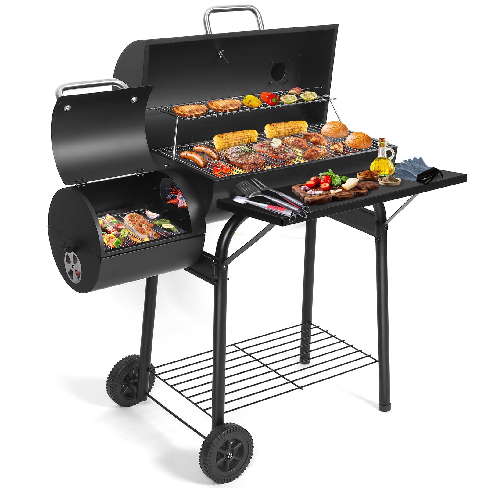 Charcoal BBQ Grill With Offset Smoker: Large Oil Drum Barbecue Barrel Grill For Outdoor Garden