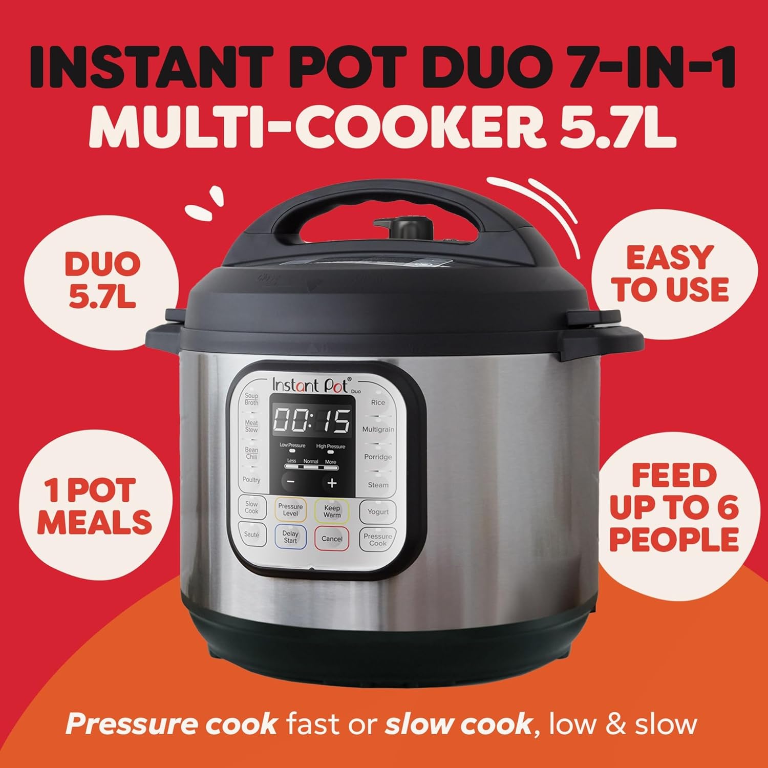 Instant Pot Duo 7-in-1 Multi Cooker 5.7L – Pressure Cooker, Slow Cooker, Rice Cooker, Stainless Steel