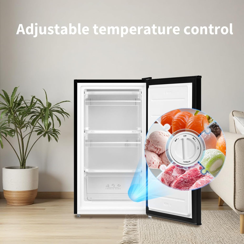 COMFEE' RCU60BL2UK(E) 60 Litre Freestanding Under Counter, 48cm Upright Freezer Adjustable Thermostat, Reversible Door, 4 Star Freezer Rating Drawer, Black [Energy Class E]
