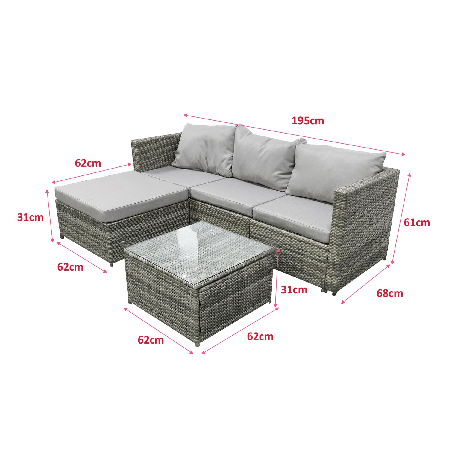 COZYBRITE Garden Corner Sofa Rattan Furniture Set 4 Seater Patio Outdoor Lounge Settee with Glass Coffee Table All-weather SFS066 (Mix Grey Rattan+Grey Cushion)