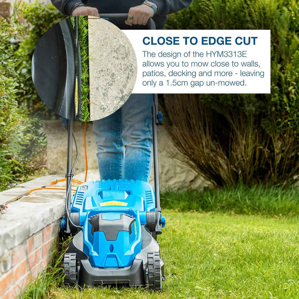 Hyundai 1300W Electric Lawn Mower – 33cm Lightweight Corded Lawnmower, 30L Grass Box, Foldable Handle, 3 Cutting Heights, Ideal for Small Gardens - 3 Year Warranty