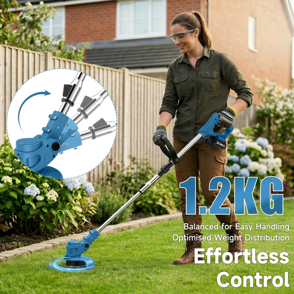 21V Cordless Strimmer, 700W Grass Trimmer with 2x 2000mAh Batteries, Lightweight Foldable Battery Strimmers Cordless with 26 Blades,90° Adjustable Head for Garden Lawn Weeding - Deep Blue