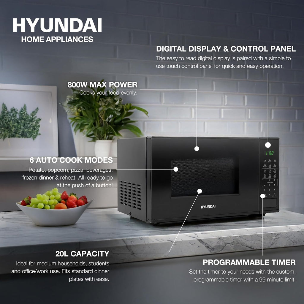 Hyundai 800W 20L Black Digital Microwave, Stainless Steel Interior, 11 Power Levels, Automatic Defrost, 6 Auto Cook Modes, Clock and Timer, Digital Controls, Easy Clean & Child Lock