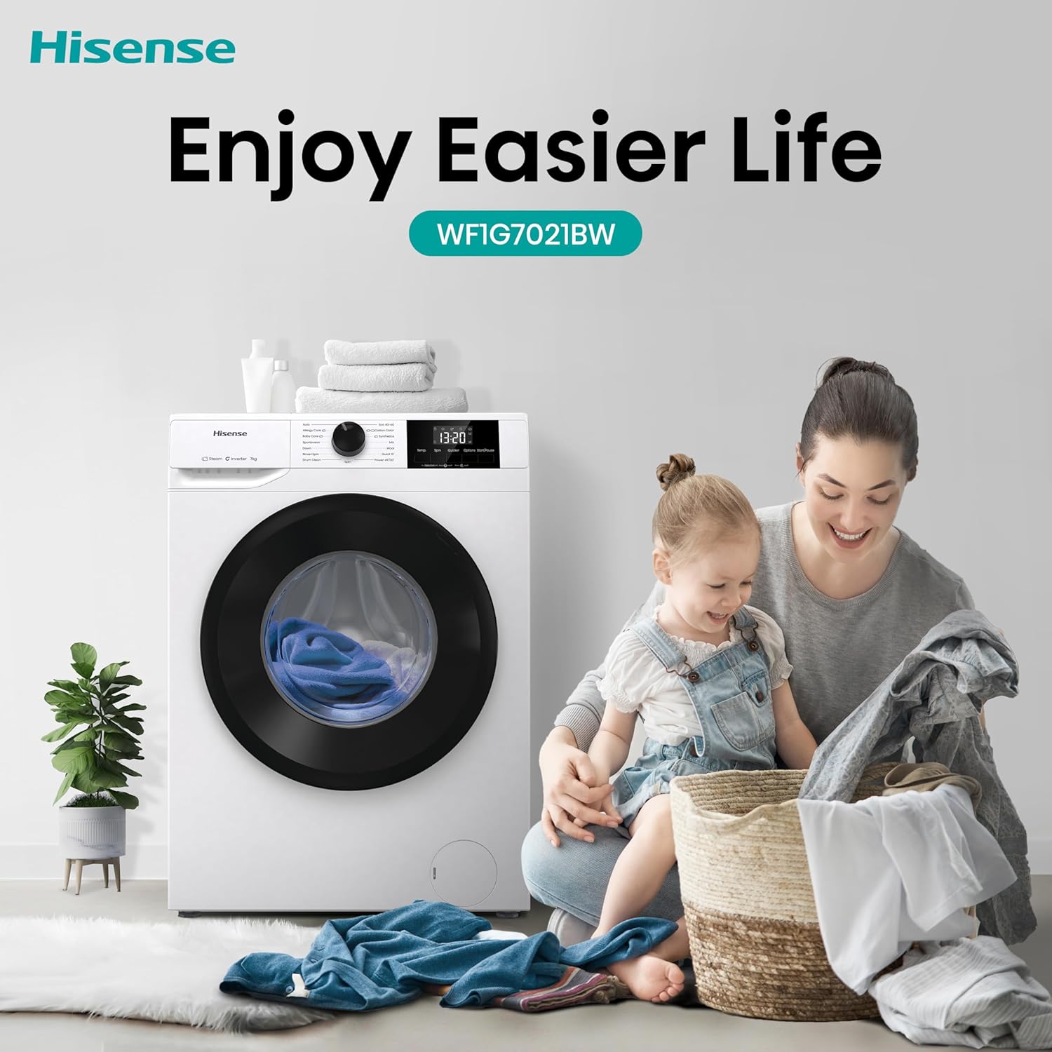 Hisense WF1G7021BW Freestanding 7 KG-Front Load Durable Inverter Washing Machine, Steam Wash-Quick Wash-15 Washing Programs-1200 RPM-White-Energy Rating B [Energy Class B]