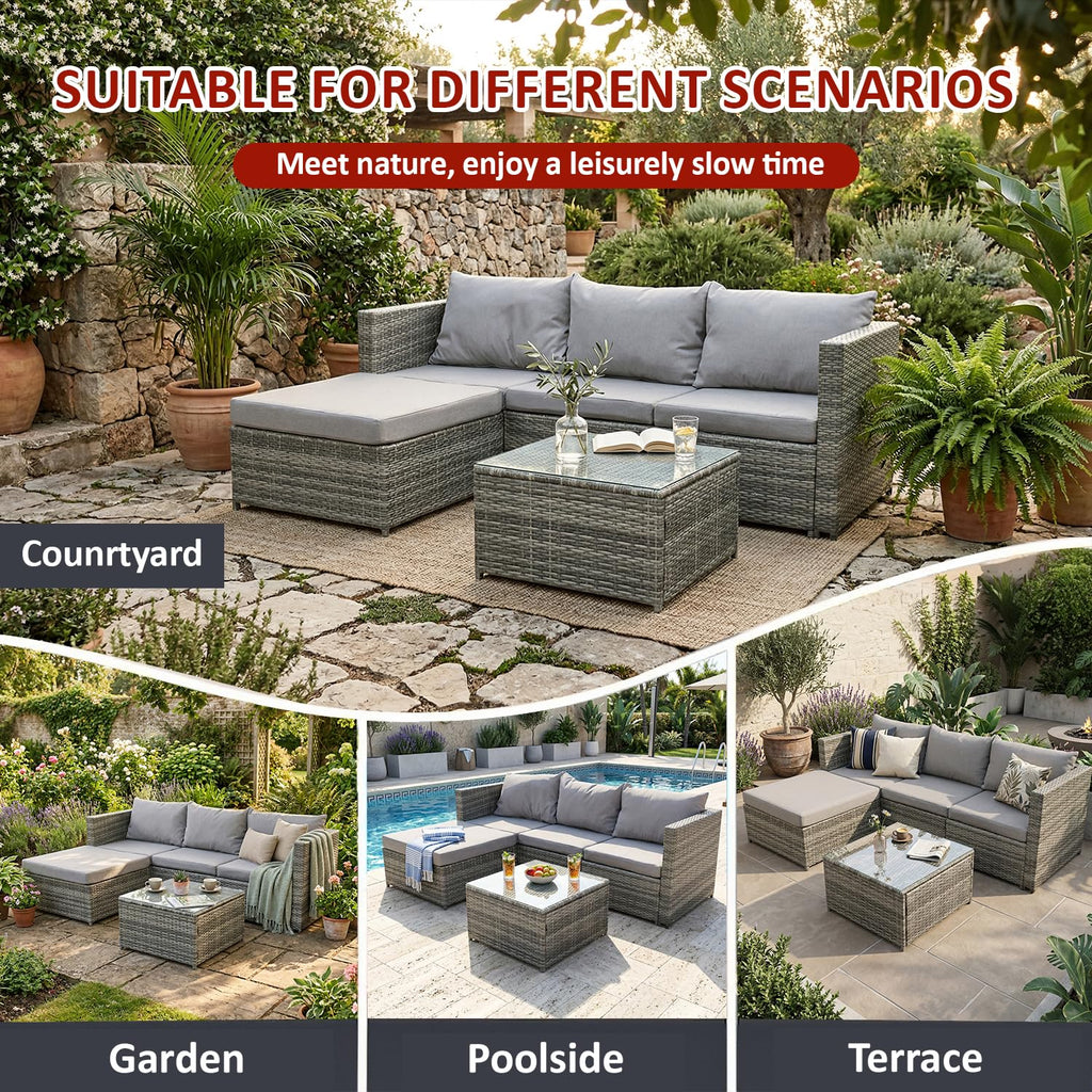 COZYBRITE Garden Corner Sofa Rattan Furniture Set 4 Seater Patio Outdoor Lounge Settee with Glass Coffee Table All-weather SFS066 (Mix Grey Rattan+Grey Cushion)